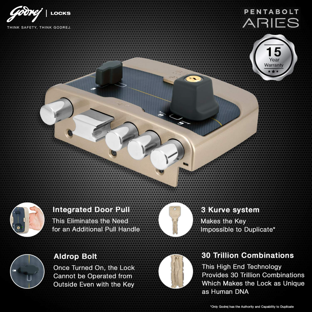 Godrej Rim Lock I Pentabolt Aries 3KS I 5 Bolts I 2C Deadbolt I For Inside Opening Door | LeftorRight Handed Doors I 4 Keys I 15-Year Warranty I Manual Locking I Vegas Gold Finish